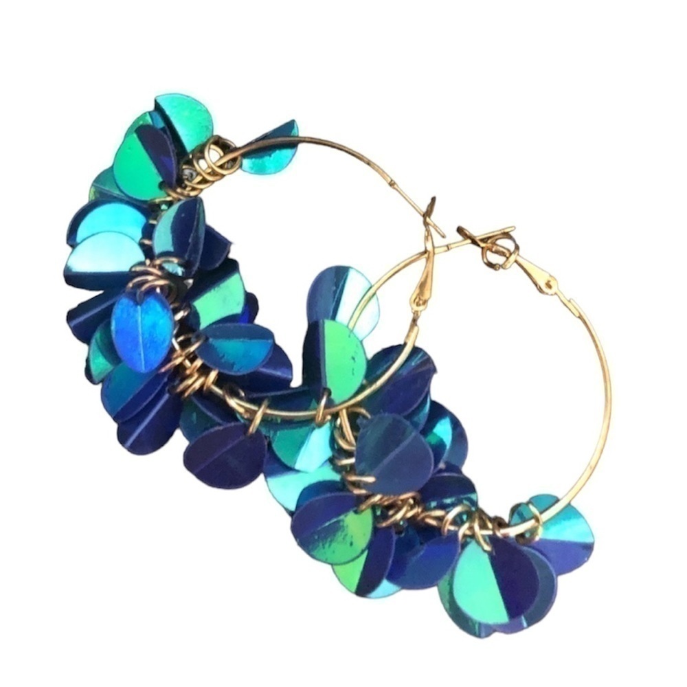 BLUE iridescent gold tone hoop earrings. NWOT